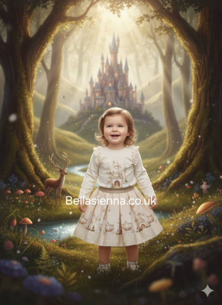 Giorgio Bambini Girls Ivory & Beige "Princess Castle" Long Sleeved Top & Skirt Set - YG-19