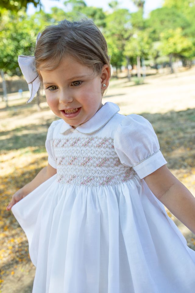 Naxos Girls Hand Smocked Ivory & Beige Dress - 7724