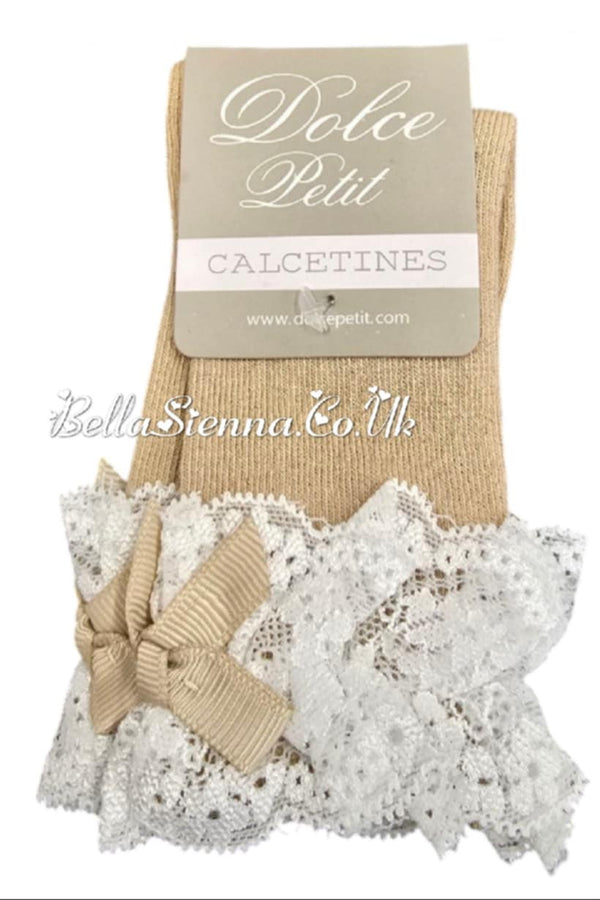 Dolce Petit Girls Baby Beige Knee High Lace Top Socks