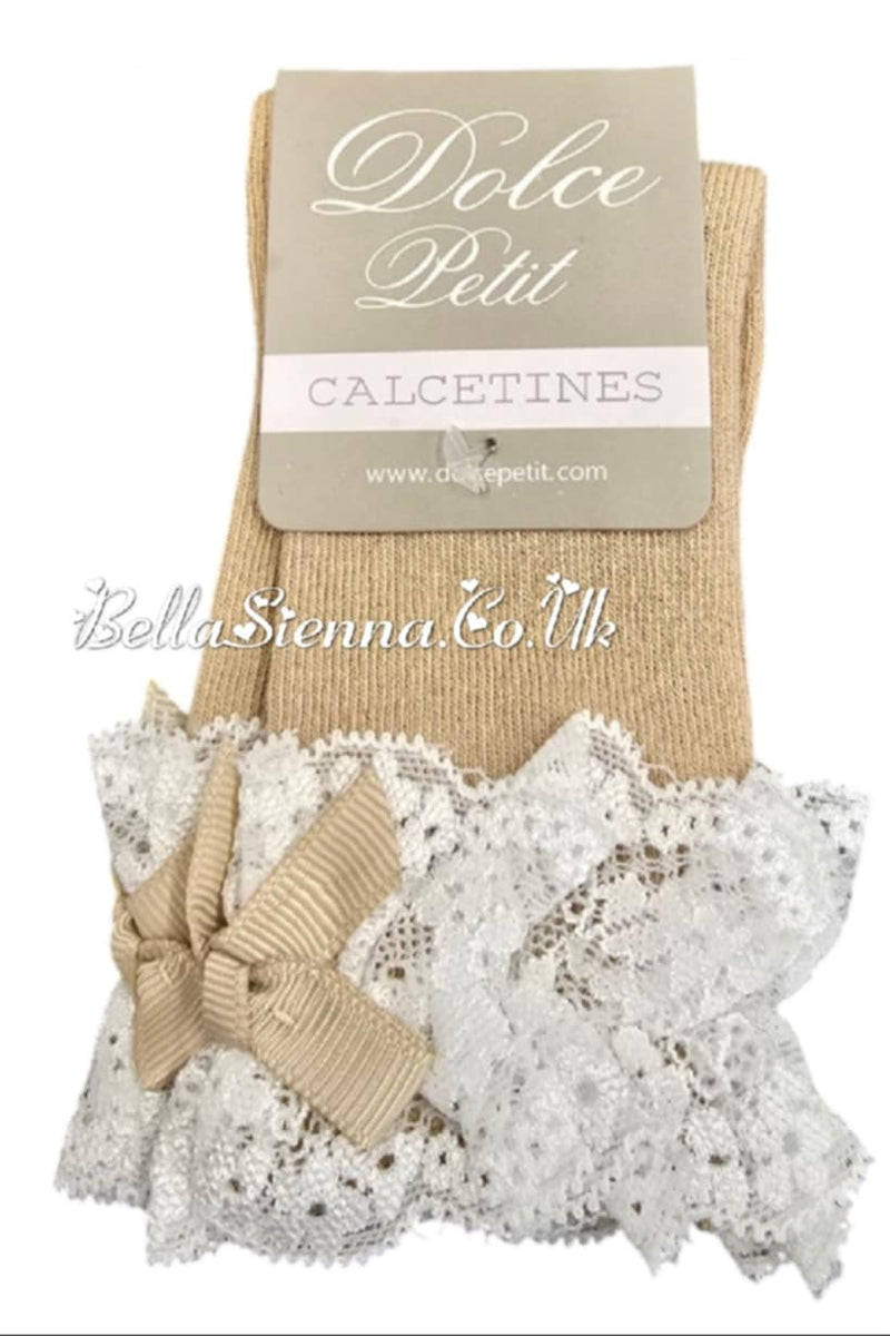 Dolce Petit Girls Baby Beige Knee High Lace Top Socks