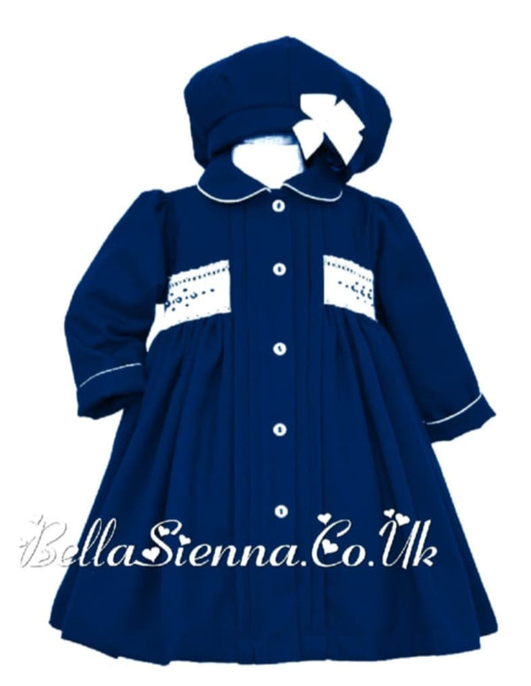 Pretty Originals Hand Smocked Navy & Cream Traditional Style Coat & Matching Hat - MC01409