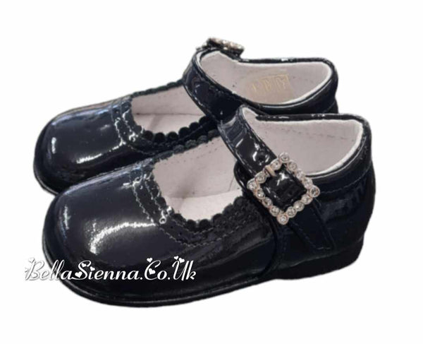 Pretty Originals Navy Patent Leather Mary Jane Shoes With Diamante Buckle - UE1709D