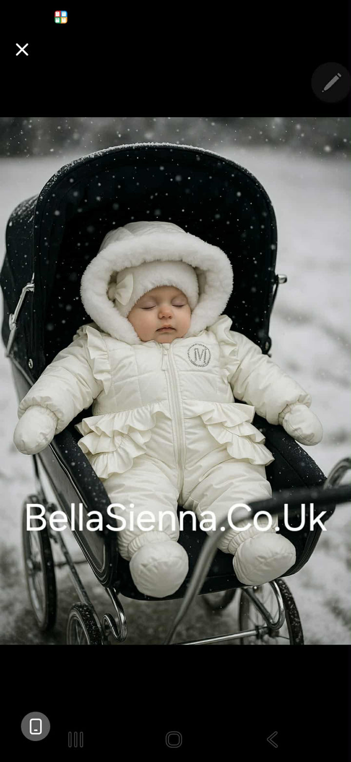 Mintini Girls White Ruffle Snowsuit With Diamante Detail & Bow Back - MB5945