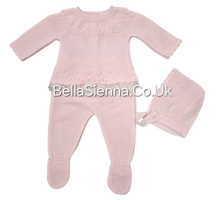 Girls Pink Three Piece Knitted Set & Bonnet - C3014
