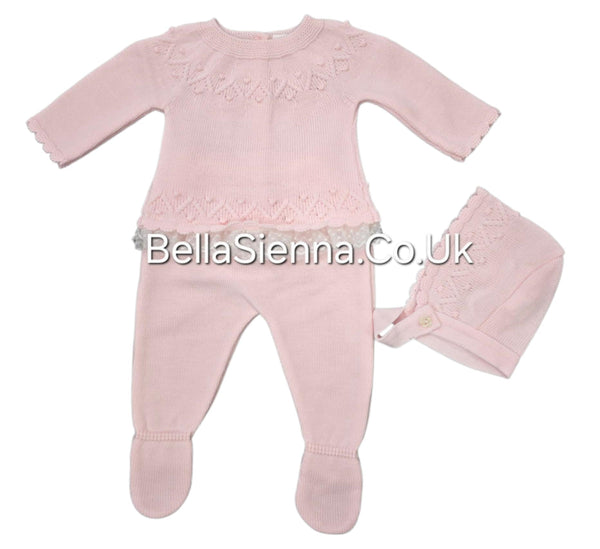 Girls Pink Three Piece Knitted Set & Bonnet - C3014