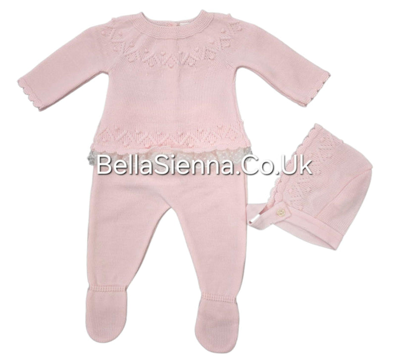 Girls Pink Three Piece Knitted Set & Bonnet - C3014