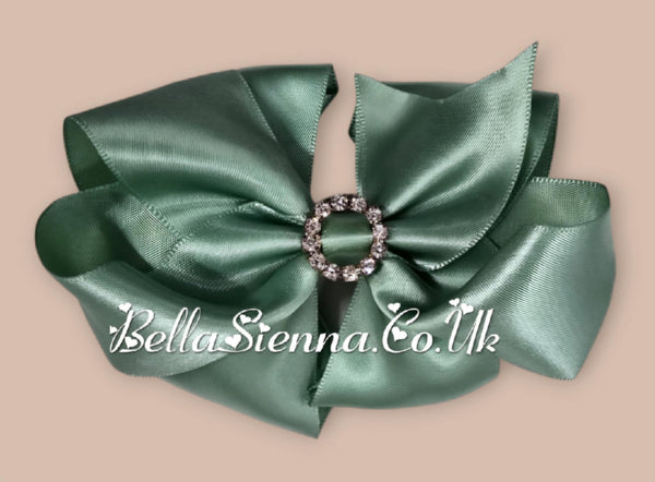 Bowtique London 4 Inch Green Satin Medium Size Hair Bow With Diamanté Centre