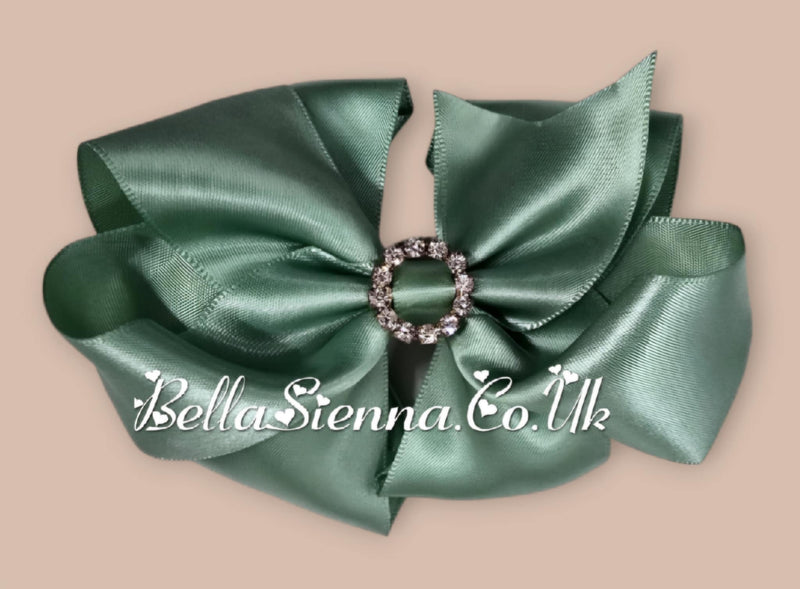Bowtique London 4 Inch Green Satin Medium Size Hair Bow With Diamanté Centre