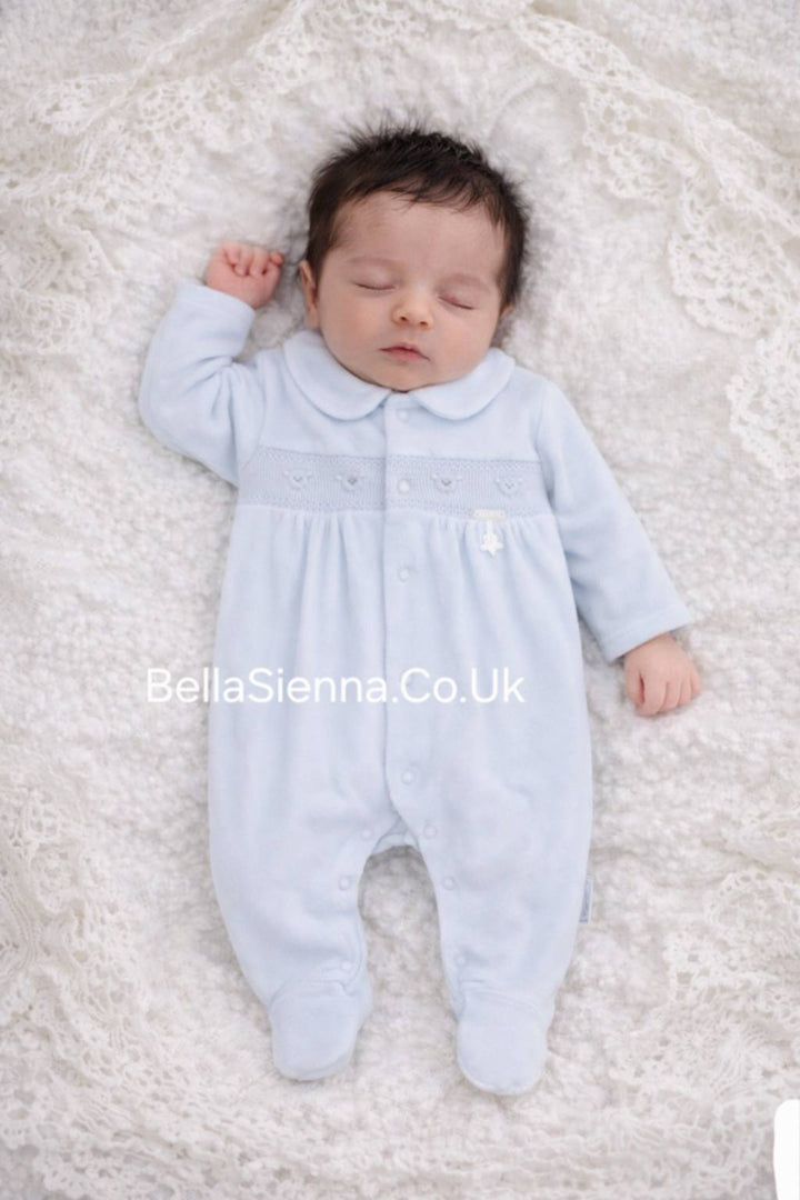 Blues Baby Boys Blue Velour All In One Smocked Teddy Bear Babygrow Sleepsuit - BB2066B