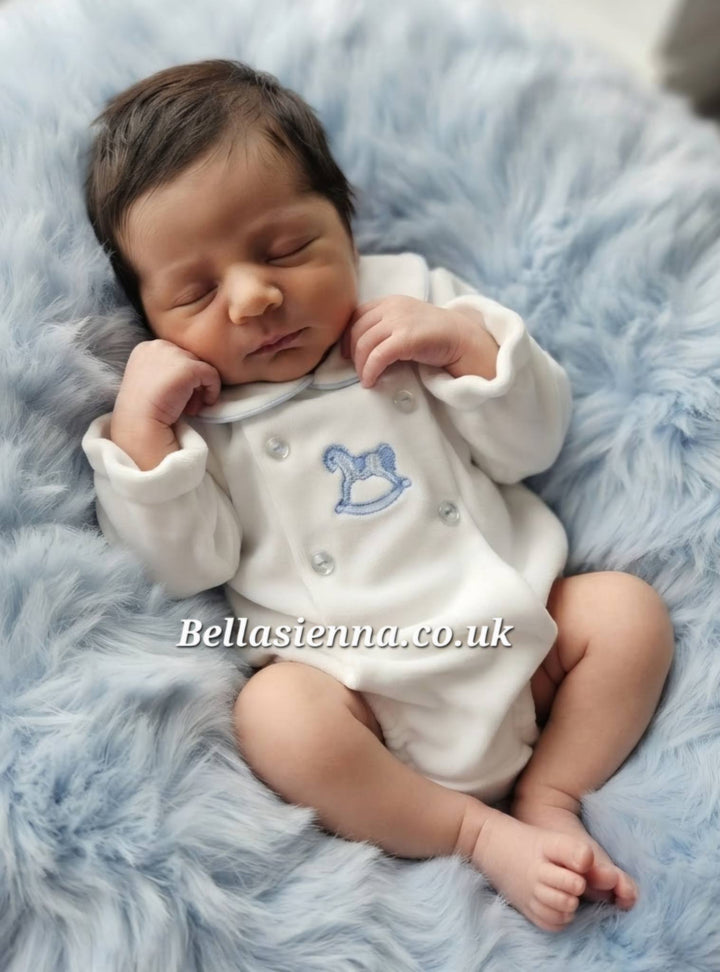 White & Blue Rocking Horse Velour Romper - "George"