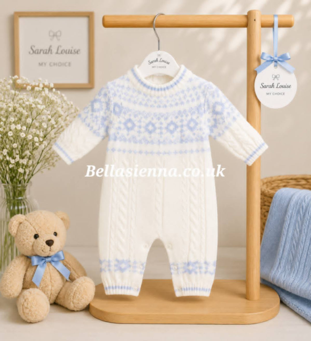 Sarah Louise Boys Winter Knitted Ivory & Blue All In One Romper - 008268