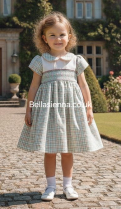 Pretty Originals Girls Smocked Green, Wheat & Salmon Pink Check Dress - BD02363