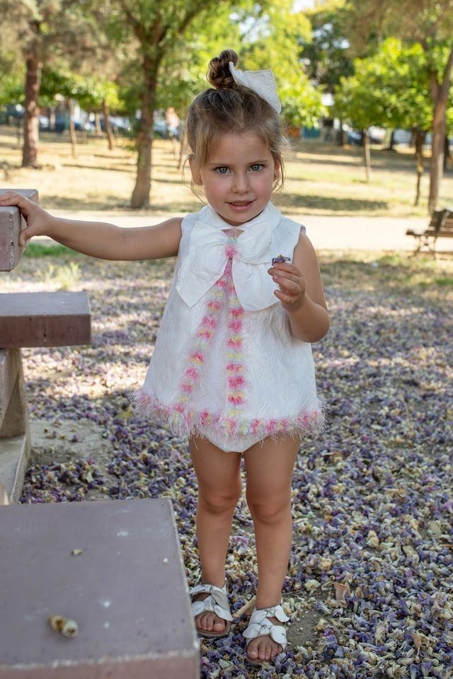 Naxos Girls White Jacquard Dress & Pants Set With Multicolour Trim - 7712