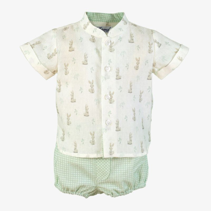 Miranda Baby Boys Ivory & Green Check Bunny Rabbit Print Shirt & Shorts Set - 0038/23