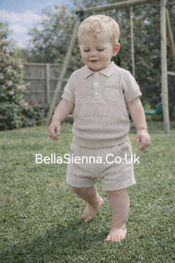 Sarah Louise Boys Beige Knitted Two Piece Shorts Set -008158