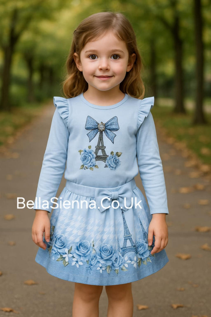 Giorgio Bambini Girls Blue "BOW & TOWER " Long Sleeved Top & Skirt Set - YG-14
