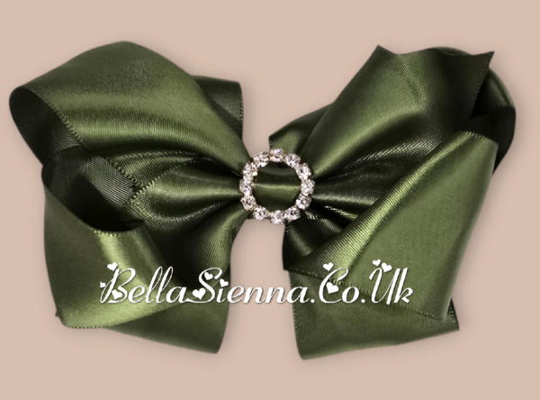 Bowtique London 2 Inch Green Satin Small Hair Bow With Diamanté Centre