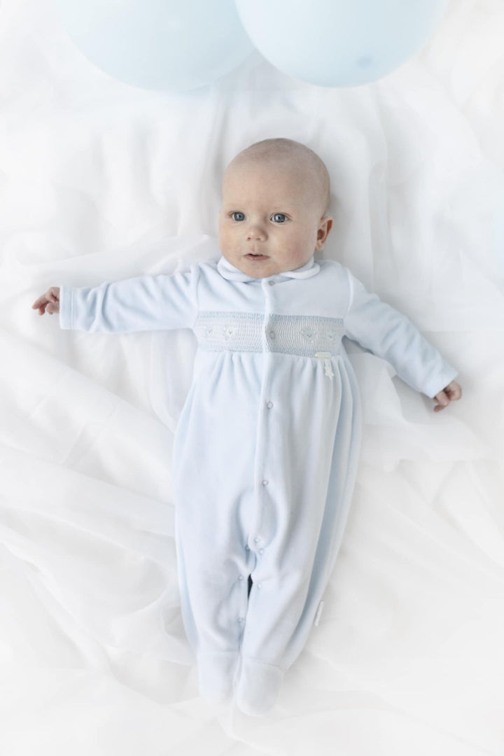 Blues Baby Unisex White Velour All In One Smocked Teddy Bear Babygrow Sleepsuit - BB2066W