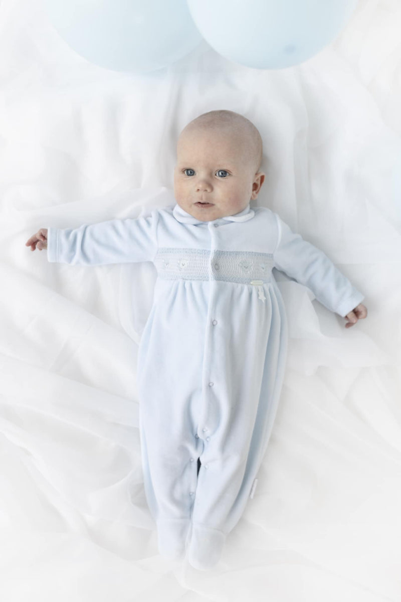 Blues Baby Unisex White Velour All In One Smocked Teddy Bear Babygrow Sleepsuit - BB2066W