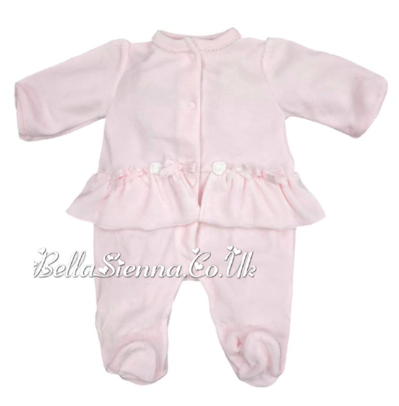 Blue Baby Pink Velour Sleepsuit With Bows & Organza Flowers Babygrow - TT0160