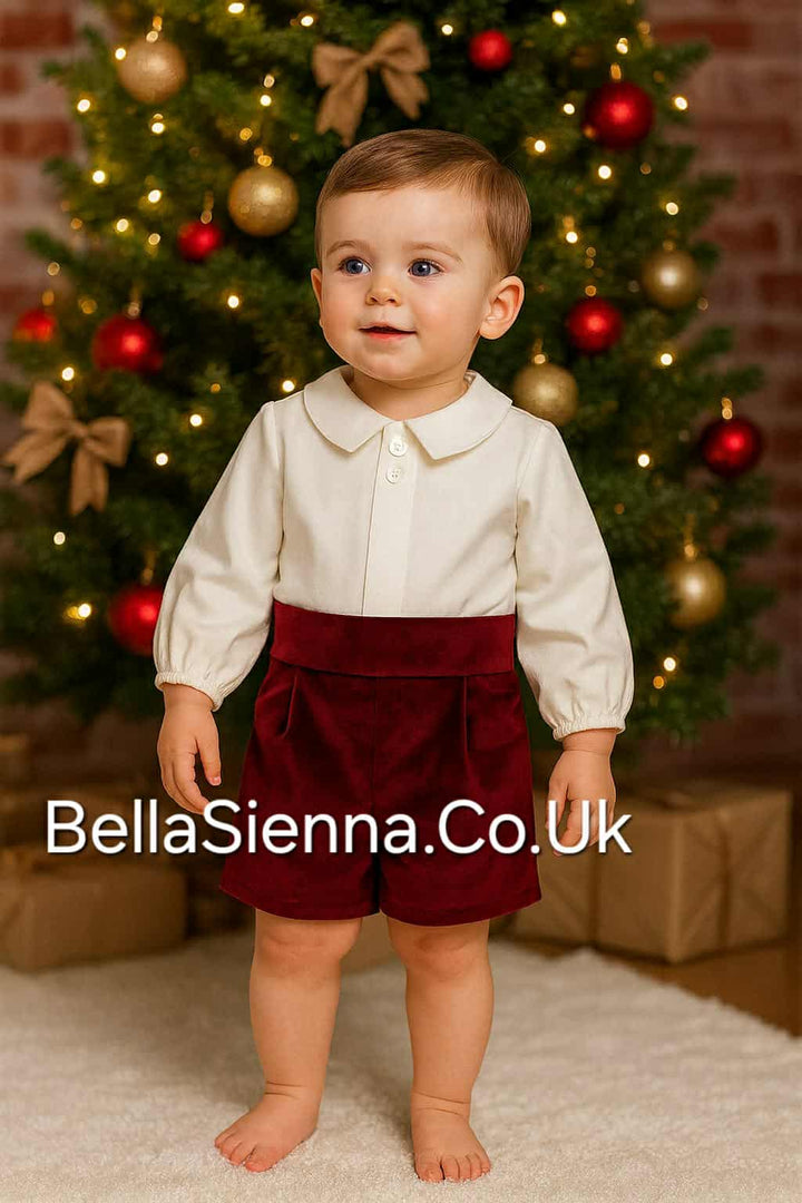 Calamaro Boys Burgundy Velvet Shorts & Shirt Set - 11248
