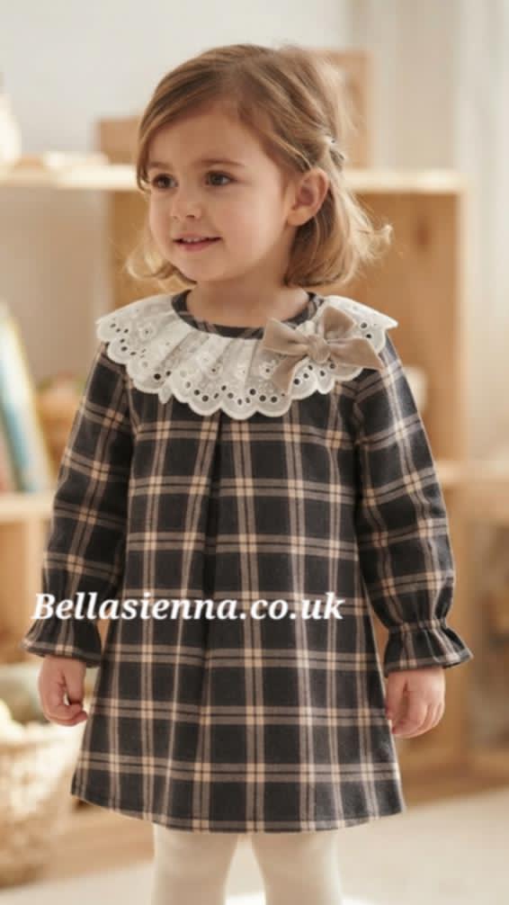 Calamaro Girls Beige Check Dress - 21310