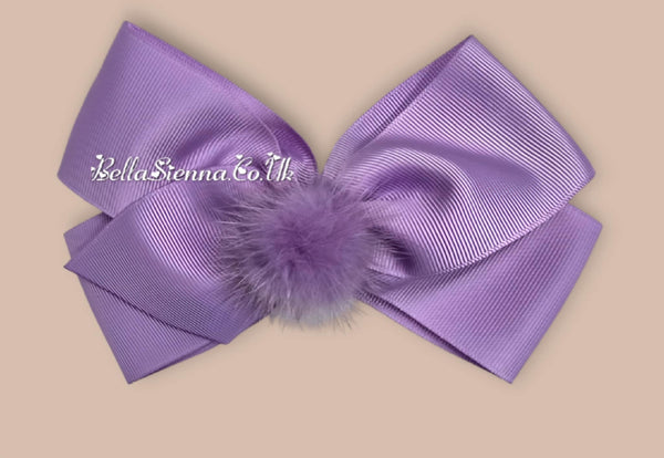 Bowtique London 4 Inch Lilac Grosgrain Medium Size Hair Bow With Fur Pom