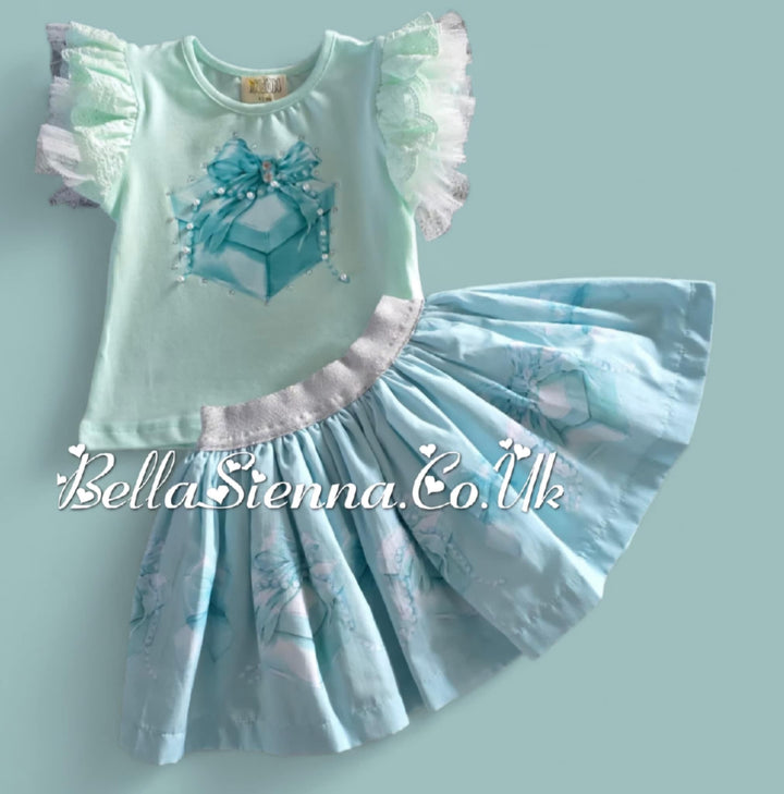 Mint Green "Sparkly Present" Tulle & Anglaise Skirt & Top Set - 4023
