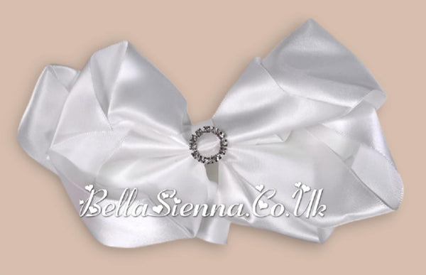 Bowtique London 6 Inch White Grosgrain Large Hair Bow With Diamanté Centre