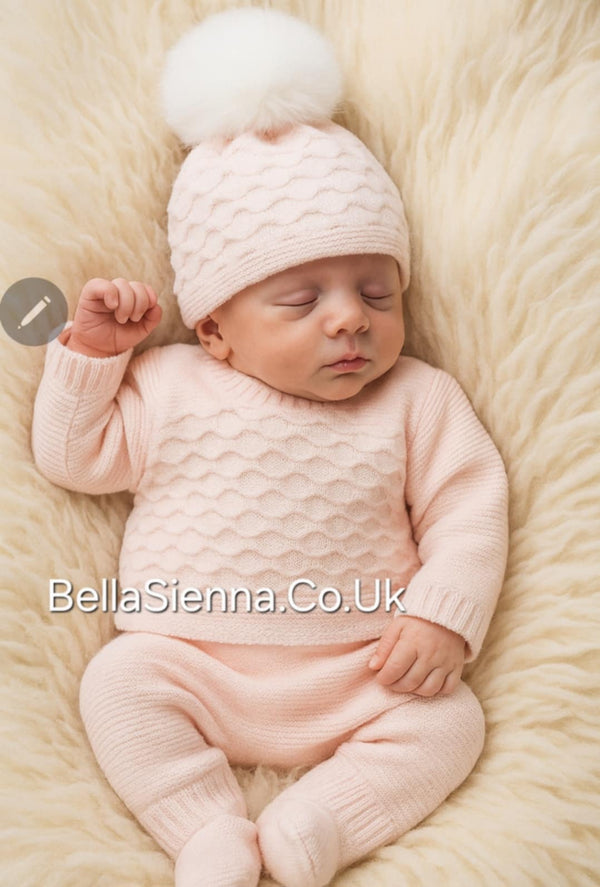 Girls Pink Three Piece Knitted Set With Hat - C7005