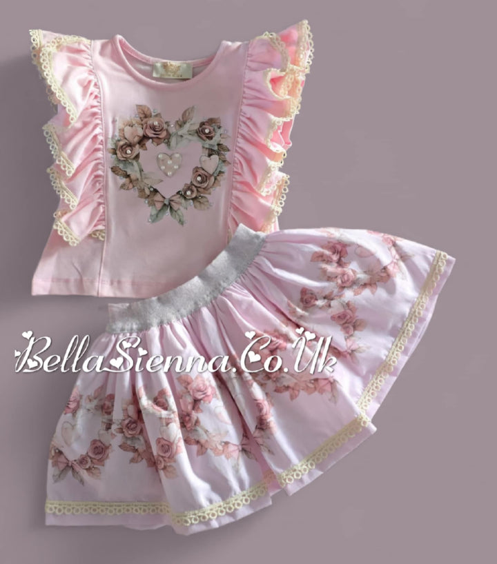 Pink & Beige "Flower Heart" Skirt & Top Set - 4024