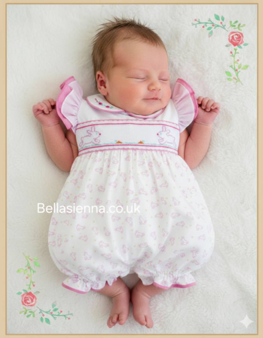 Pretty Originals Pink & White Embroidered Bunny Rabbit Romper - BD02176