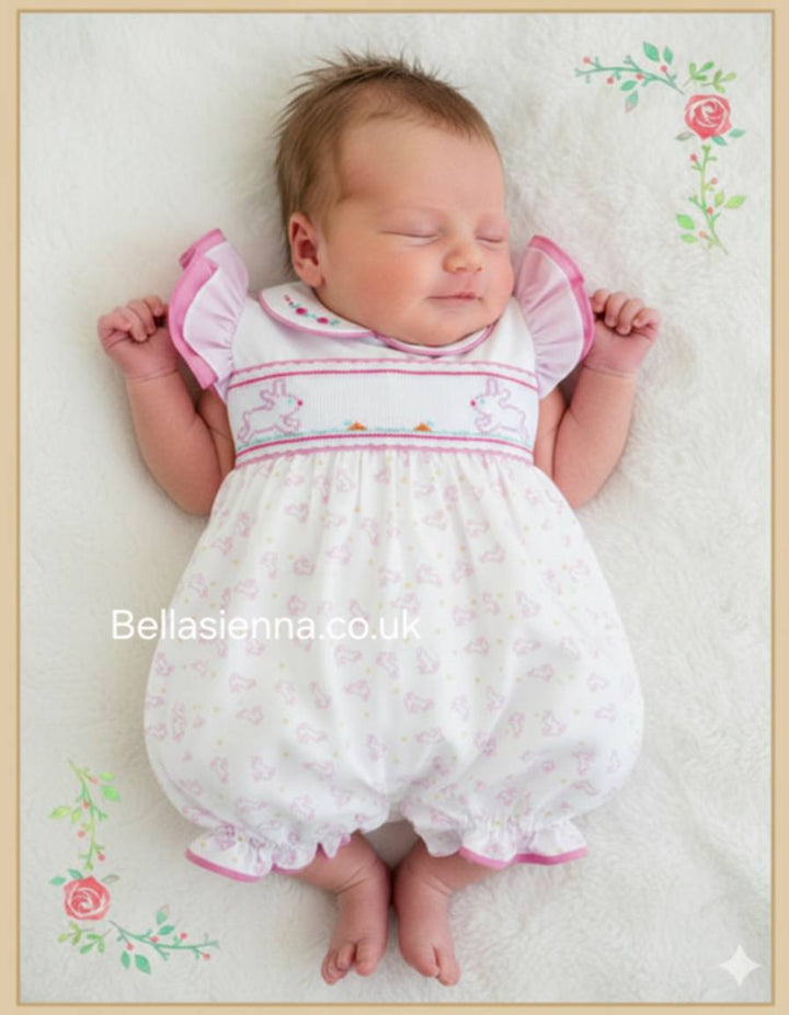 Pretty Originals Pink & White Embroidered Bunny Rabbit Romper - BD02176
