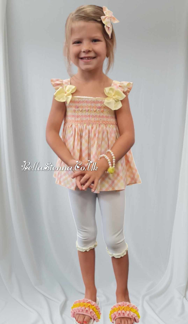 Pretty Originals Hand Smocked Multicoloured Check Leggings,Top & Hair Clip Set - MC01401