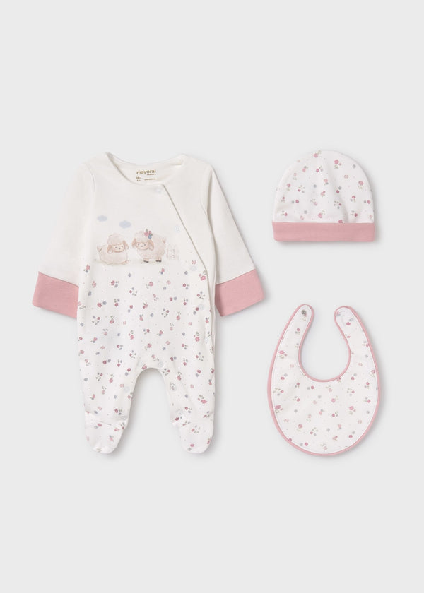 Mayoral Three Piece Newborn Hospital Set - Sleepsuit, Hat & Bib - 9516 - Rosa Baby
