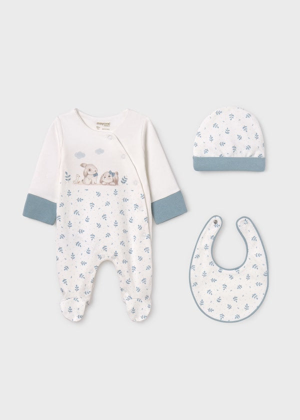 Mayoral Three Piece Newborn Hospital Set - Sleepsuit, Hat & Bib - 9516 - Polar Blue