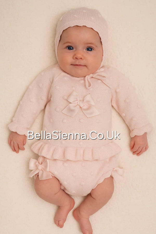 Juliana Pink Berry Knit Two Piece Set For Newborn  With Bows - J560