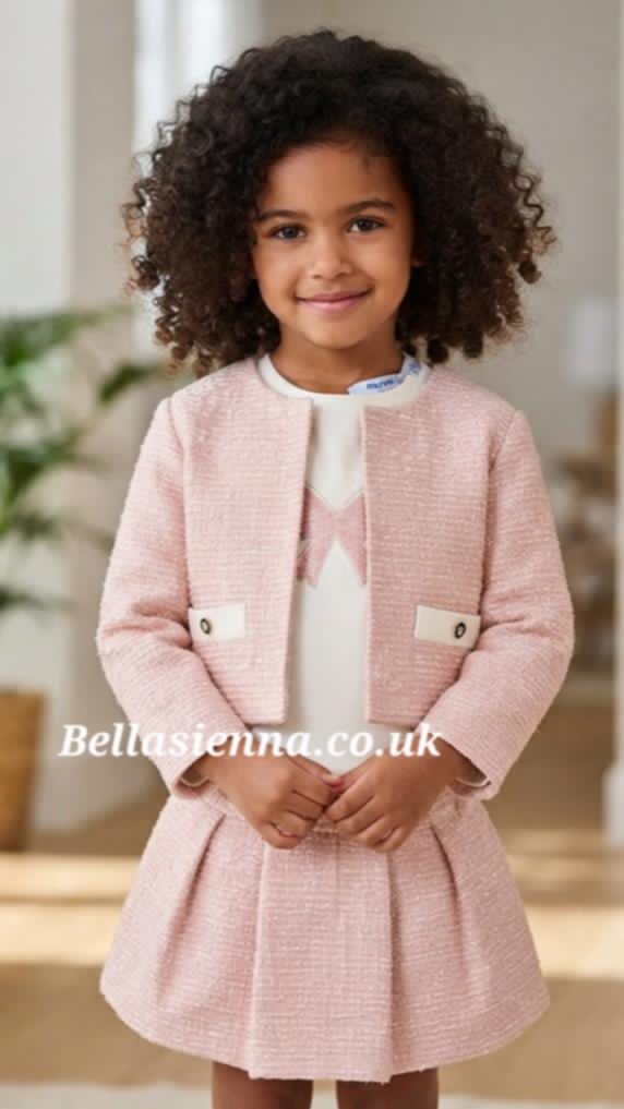 Younger Girls Tweed Knit Three Piece Set - Jacket, Bow Top & Skirt - Pink - Petisui - 2954