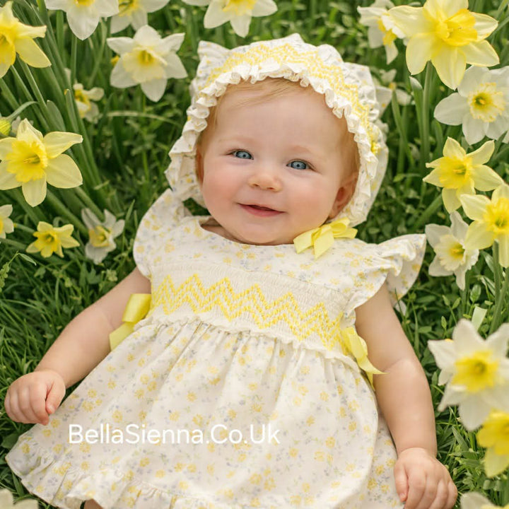Miranda Lemon & White Smocked Dress, Pants & Bonnet Set - 0052 VGB