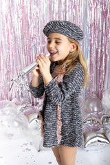 Calamaro Girls Charcoal Grey & Dusky Pink Tweed Beret To Match - 21319 - 75147