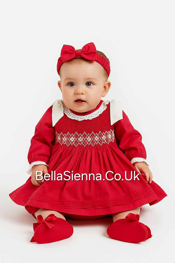 Pretty Originals Baby Girls Red/Cream Dress With Smocking MT00992