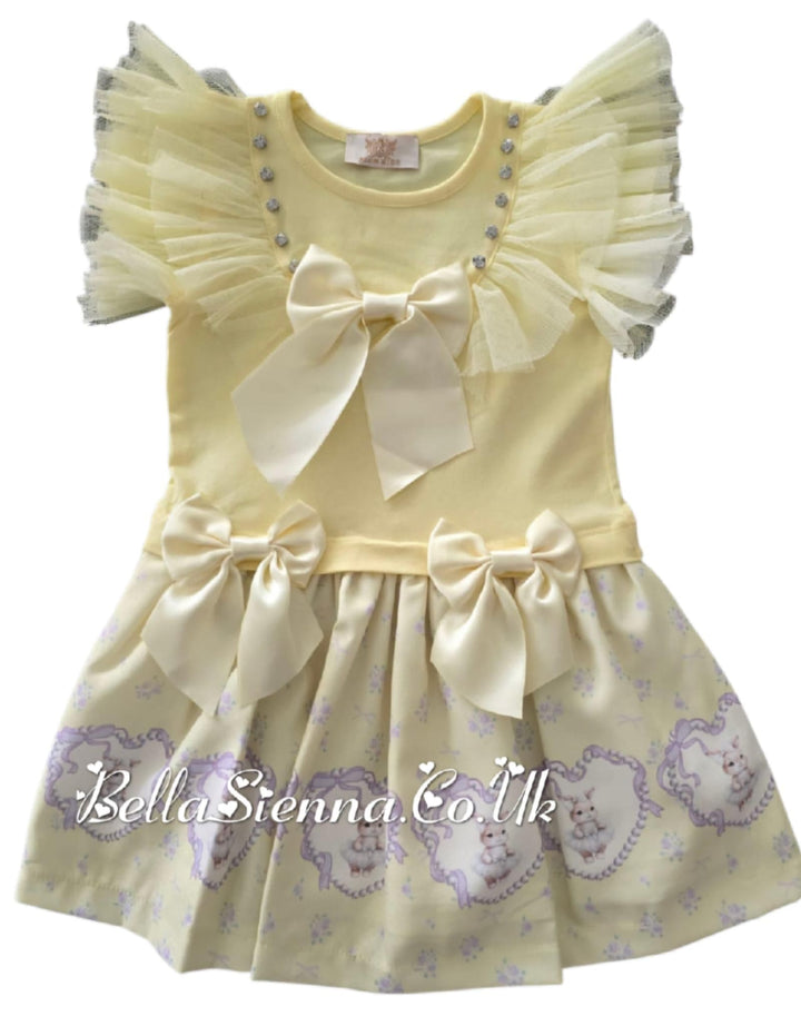 Lemon Tulle & Bow Dress With Bunny Rabbits - Perfect For Easter - 3963