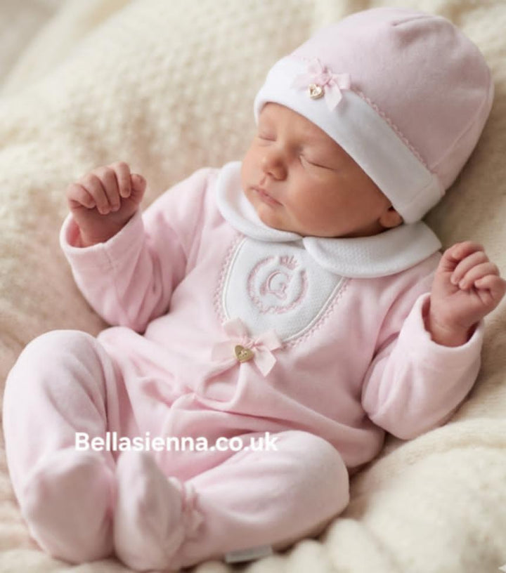 Blues Baby Girls Pink Velour All In One Babygrow Sleepsuit With Matching Hat - BB2072