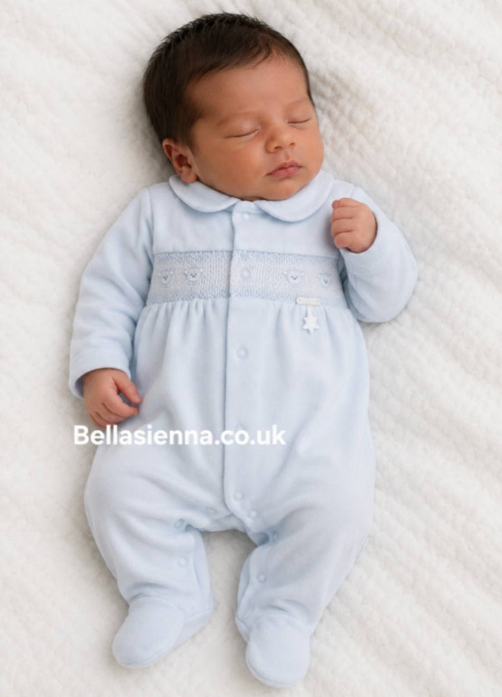 Blues Baby Boys Blue Velour All In One Smocked Teddy Bear Babygrow Sleepsuit - BB2066B
