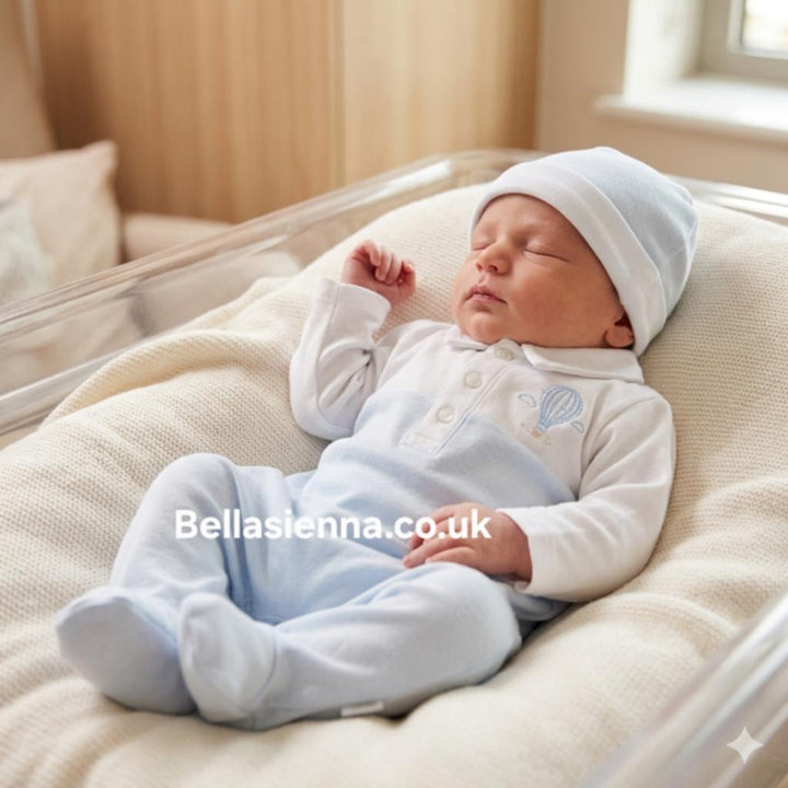 Blues Baby Blue & White Hot Air Balloon All In One Babygrow & Matching Hat - BB2278