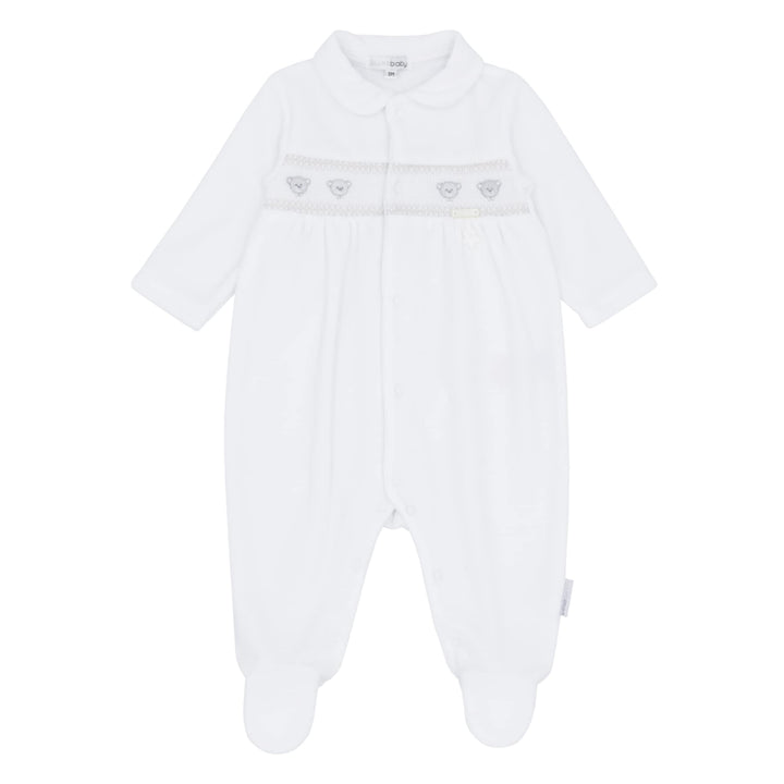 Blues Baby Unisex White Velour All In One Smocked Teddy Bear Babygrow Sleepsuit - BB2066W