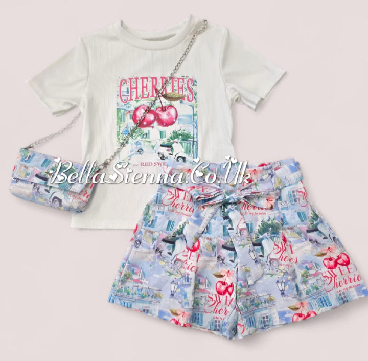 Girls Three Piece Shorts Set With Matching Hand Bag - "CHERRIES"