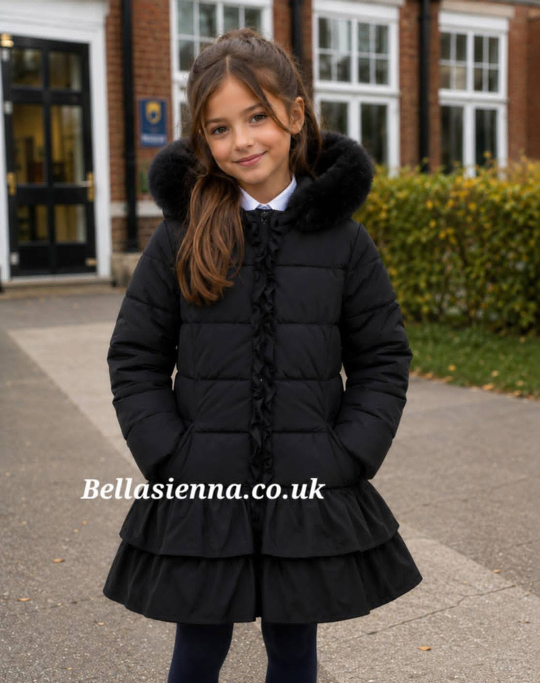 Georgio Bambini Girls Black Hooded Puffer Coat with Faux Fur Trim DH09