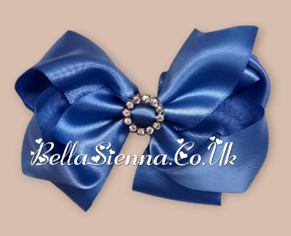 Bowtique London 4 Inch Blue Satin Medium Size Hair Bow With Diamanté Centre