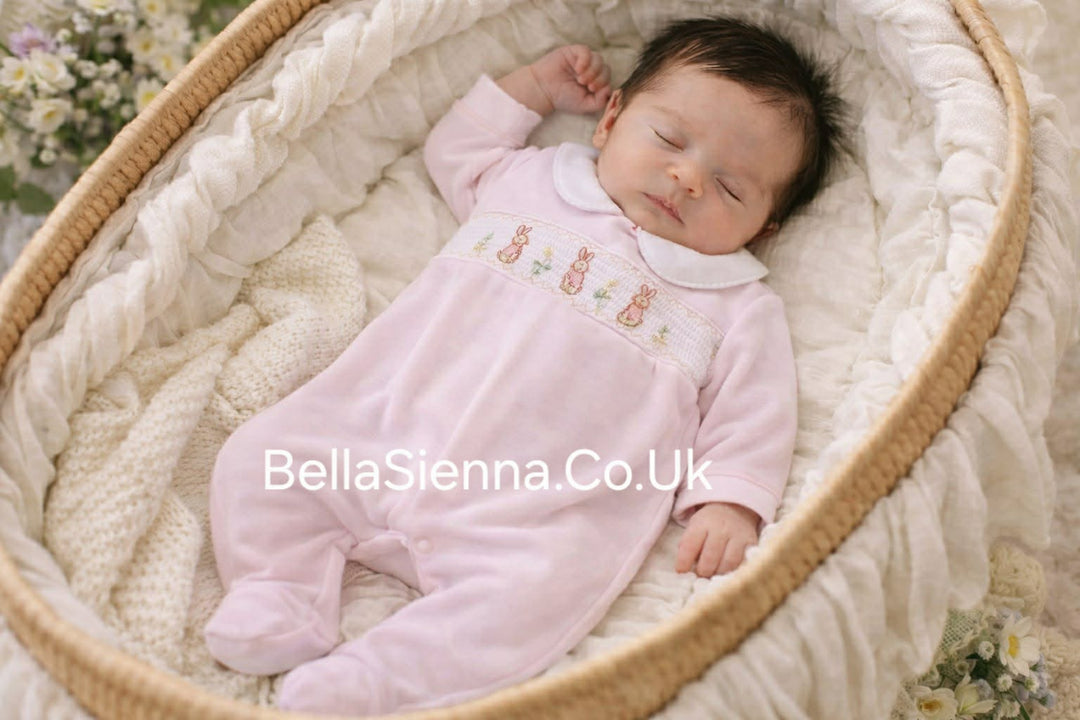 Pink Velour Smocked Babygrow With Embroidered Rabbits - 40JTC9386